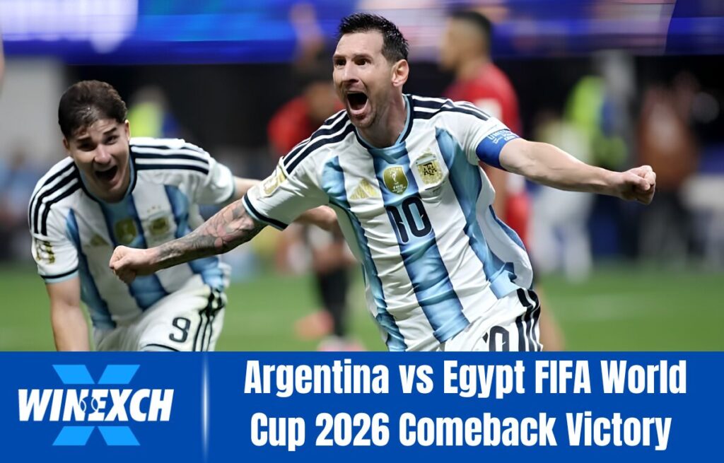 Lionel Messi celebrating during Argentina vs Egypt FIFA World Cup 2026 Round of 16 match after Argentina's dramatic 3-2 comeback victory.
