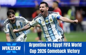 Lionel Messi celebrating during Argentina vs Egypt FIFA World Cup 2026 Round of 16 match after Argentina's dramatic 3-2 comeback victory.