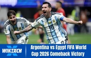 Lionel Messi celebrating during Argentina vs Egypt FIFA World Cup 2026 Round of 16 match after Argentina's dramatic 3-2 comeback victory.