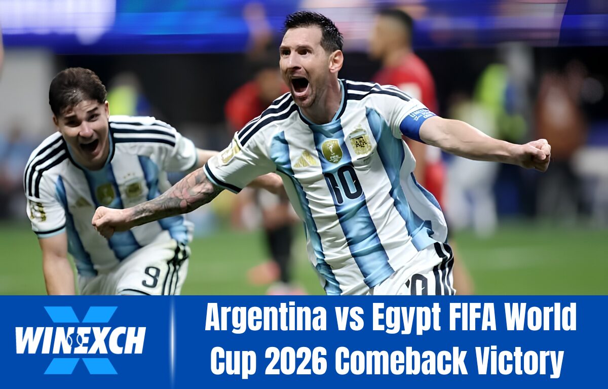 Lionel Messi celebrating during Argentina vs Egypt FIFA World Cup 2026 Round of 16 match after Argentina's dramatic 3-2 comeback victory.