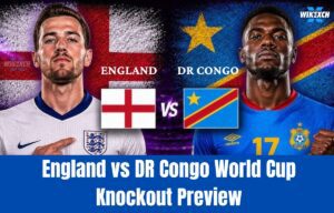 England and DR Congo players competing in a World Cup knockout-stage match preview at Atlanta Stadium.