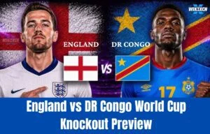 England and DR Congo players competing in a World Cup knockout-stage match preview at Atlanta Stadium.