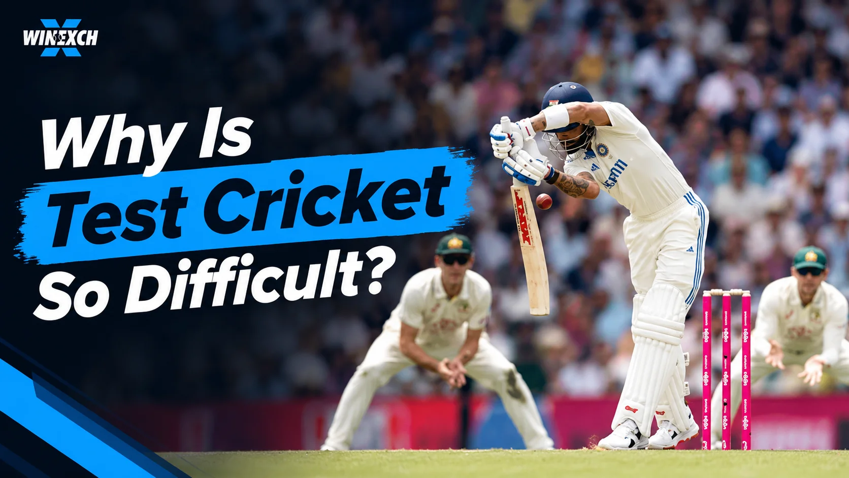 Batter defending a delivery during a Test match, showing why Test cricket is difficult
